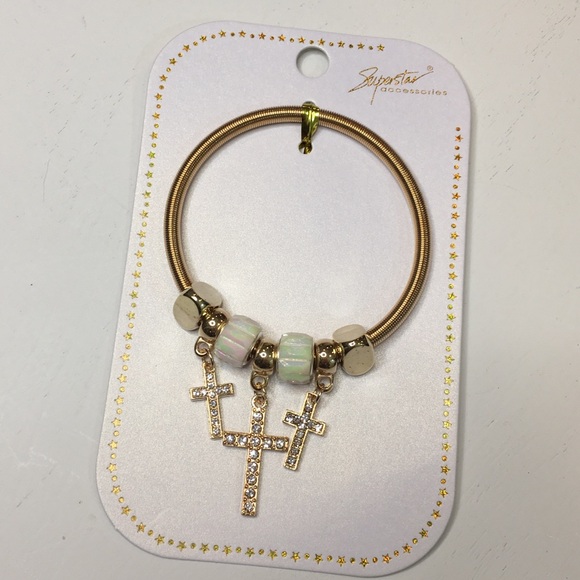 Gold Stretch Bracelet w/ Rhinestone Crosses - Picture 2 of 2